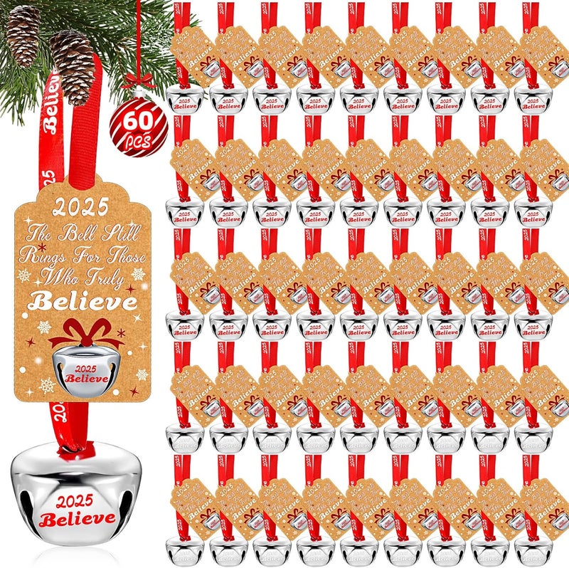 LUYI 60 Sets Christmas Bells Decor Christmas Believe Bell Ornaments Bulk Polar Express Bell Decorations Xmas Party Gifts Favors Tags Silver Sleigh Jingle Bells for Christmas Tree Decoration(1.6 Inch) - Image 1